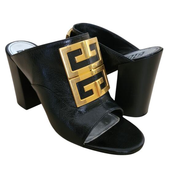 Givenchy Black Leather Logo Monogram 4G Mules Heeled Sandals 7.5 37.5 - Picture 1 of 13